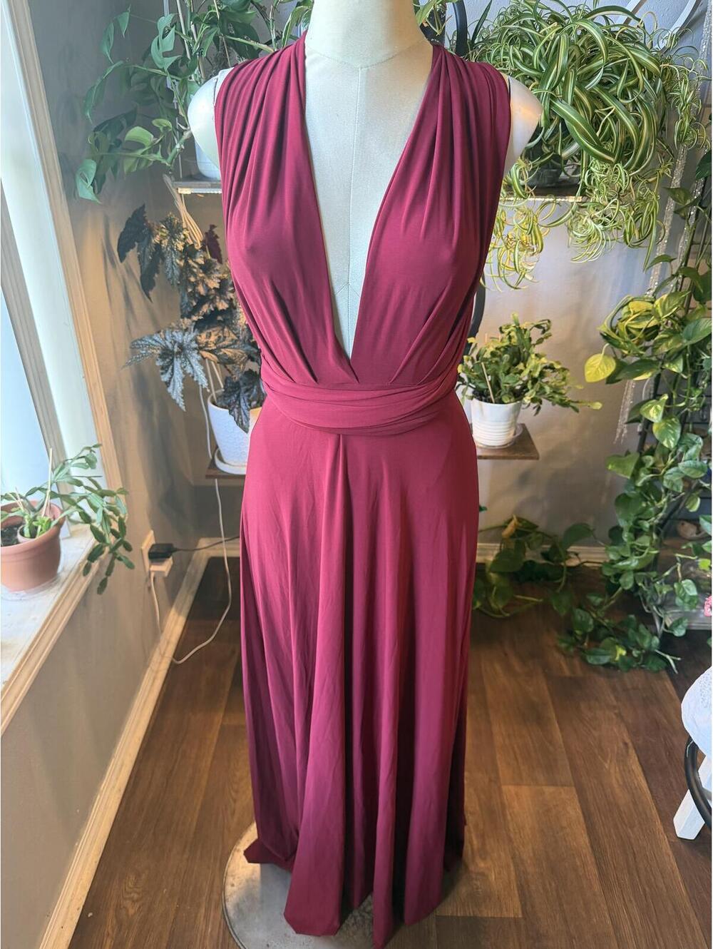 Von Ronen New York Burgundy Deep Plunge Crisscross Multi Back Maxi Dress